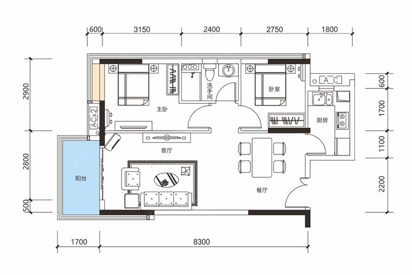 蒸湘区珠江愉景豪庭G户型（北侧东西边户）