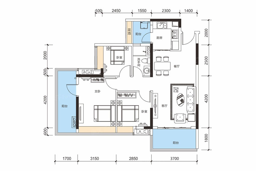 蒸湘区珠江愉景豪庭H户型（南侧东西边户）