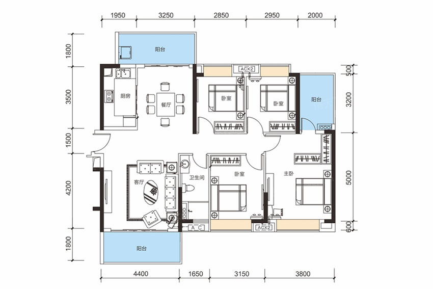 蒸湘区珠江愉景豪庭C户型（4#东边，5#西边）