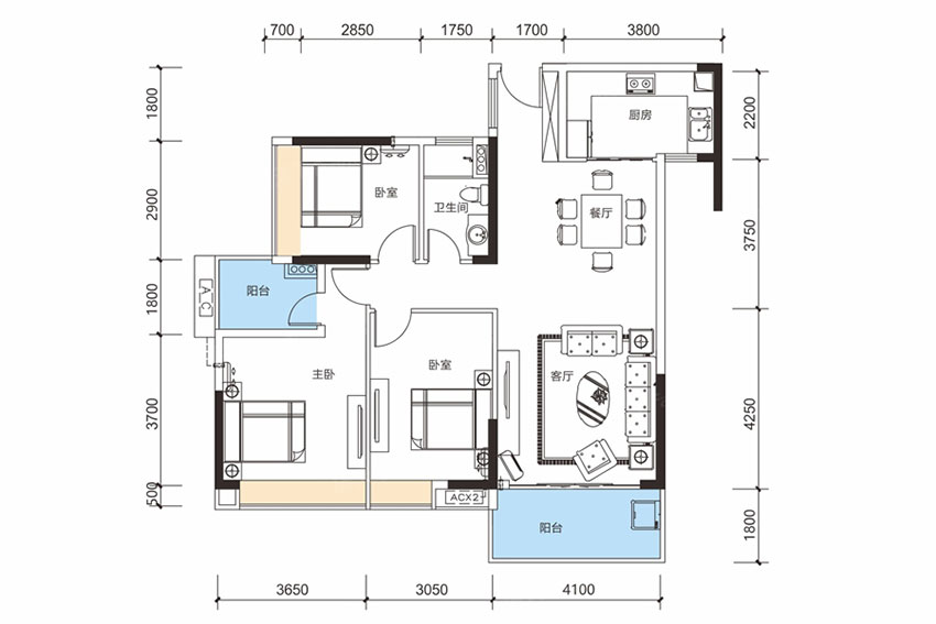 蒸湘区珠江愉景豪庭B户型（南边户）